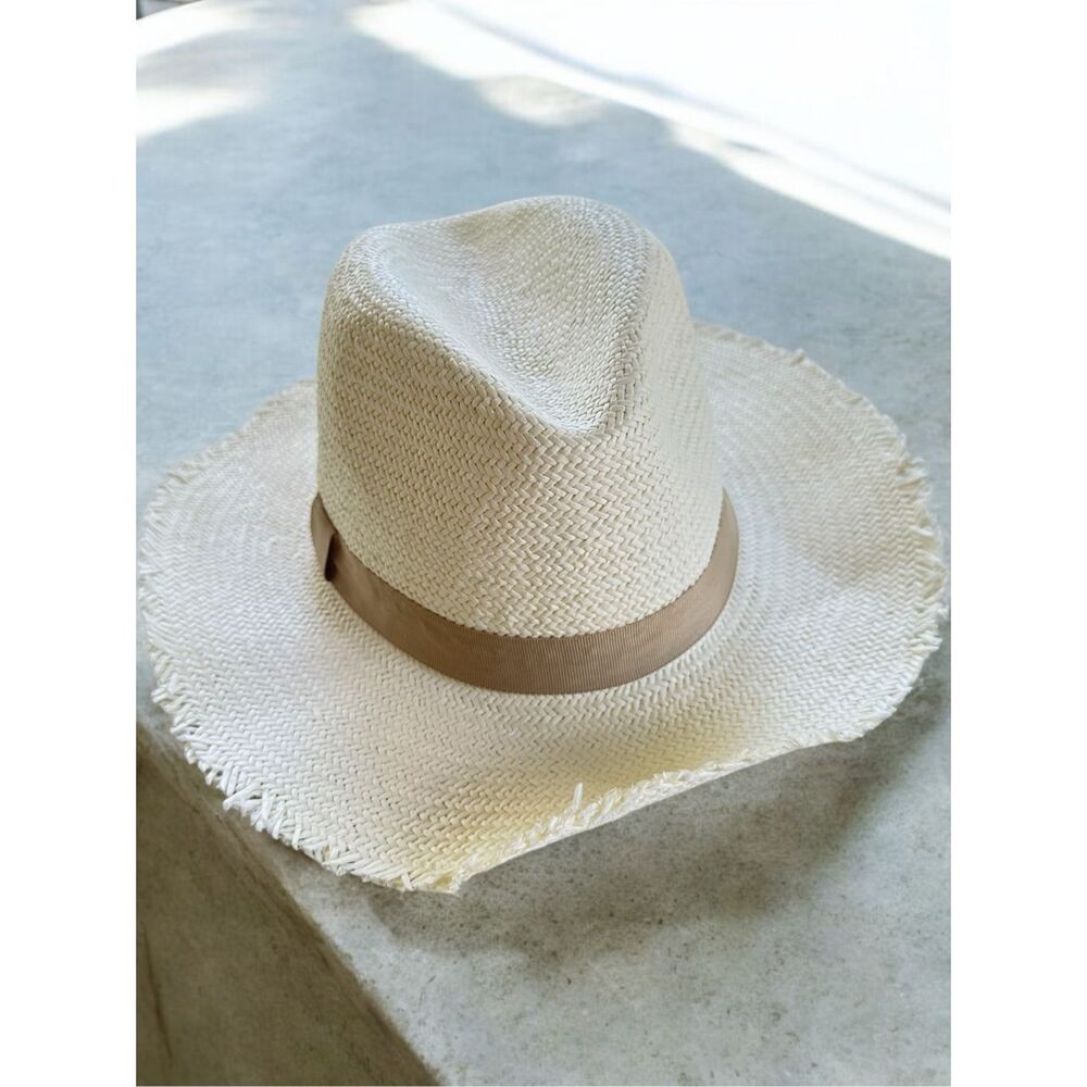 Hat Attack OS Travel Straw Sun Hat White Packable Fringe Raw Edge Western Boho